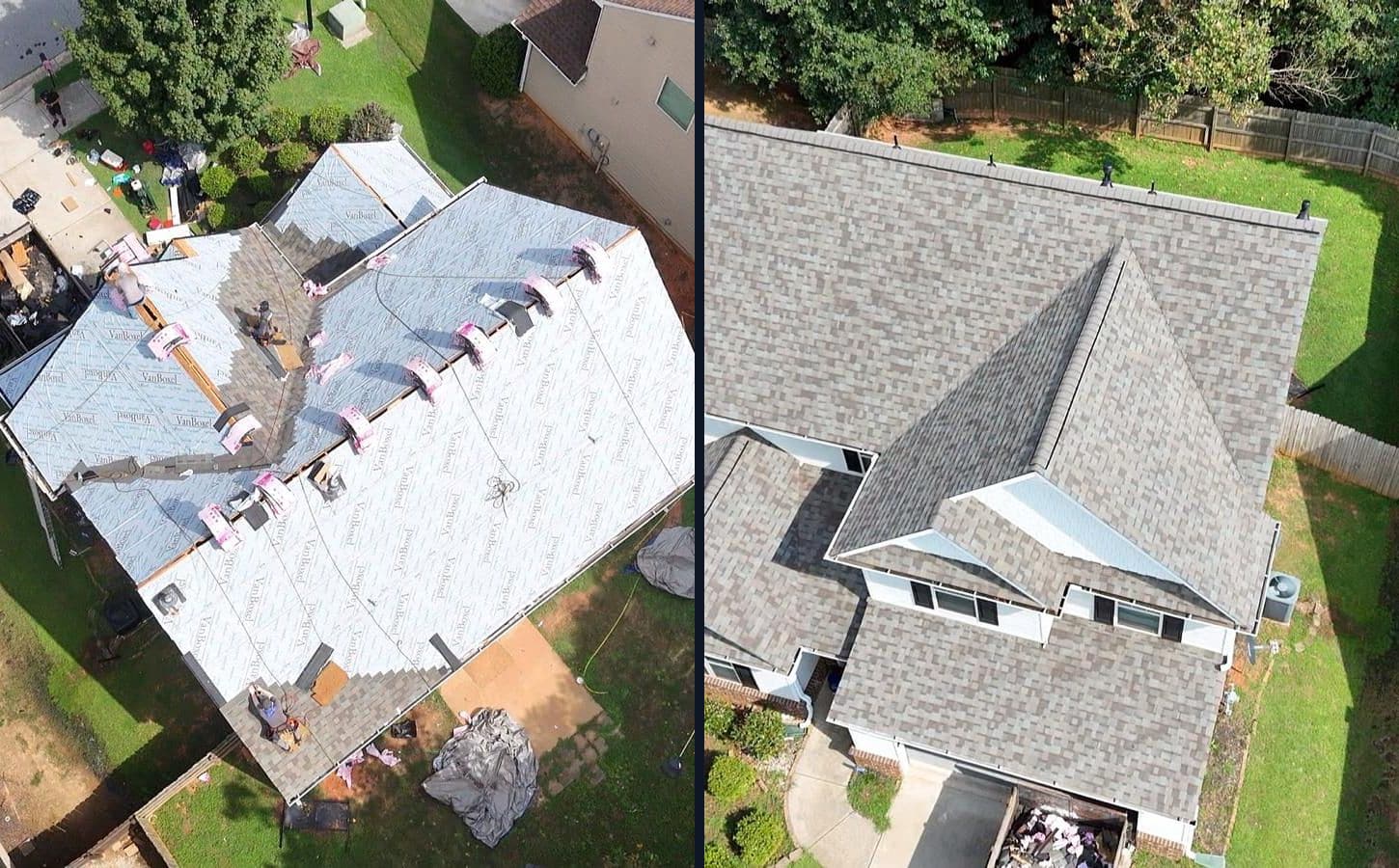 RidgePro Roofing crew installing underlayment, and the finished shingle roof - drone photos